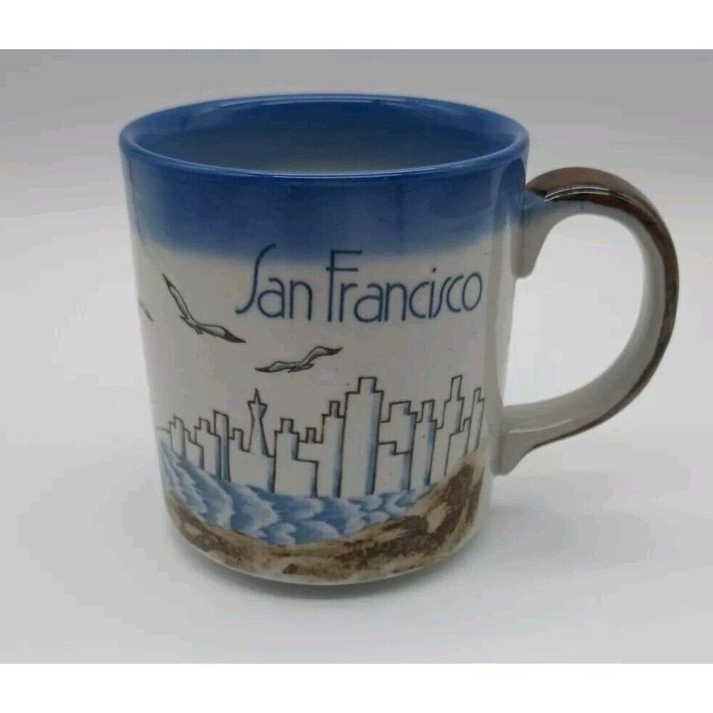 Vintage Otagiri Mug San Francisco Skyline Golden Gate Bridge Seagulls Beach